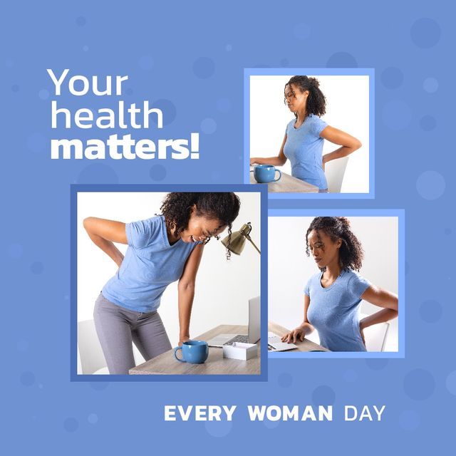 Collage of african american young woman with backache and your health matters, every woman day text. Blue, copy space, composite, pain, sickness, support, healthcare, awareness, prevention concept.