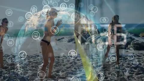 Women Engaging in Beach Activity With Digital Technology Overlay