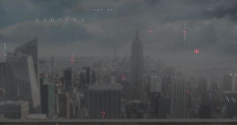 Futuristic Cityscape with Digital Binary Overlay