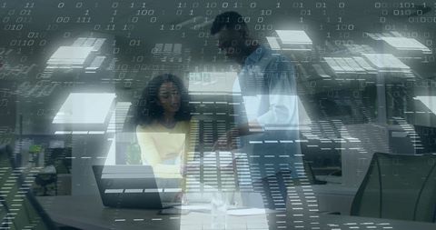 Team Collaboration on Digital Office Project Background Binary Code Illustrating Technology