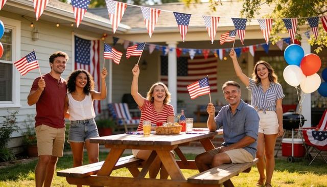 Friends waving american flags at backyard fourth of july picnic with patriotic decorations