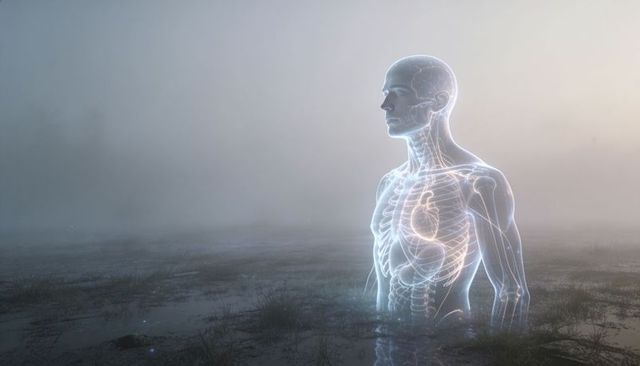 Holographic translucent human anatomy showing glowing heart in foggy marsh