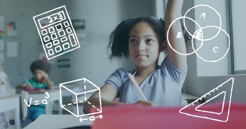 Enthusiastic Schoolgirl Engaging in Math Class with Illustrations
