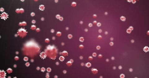 Floating Virus Particles on Red Background Illustrating Disease Spread