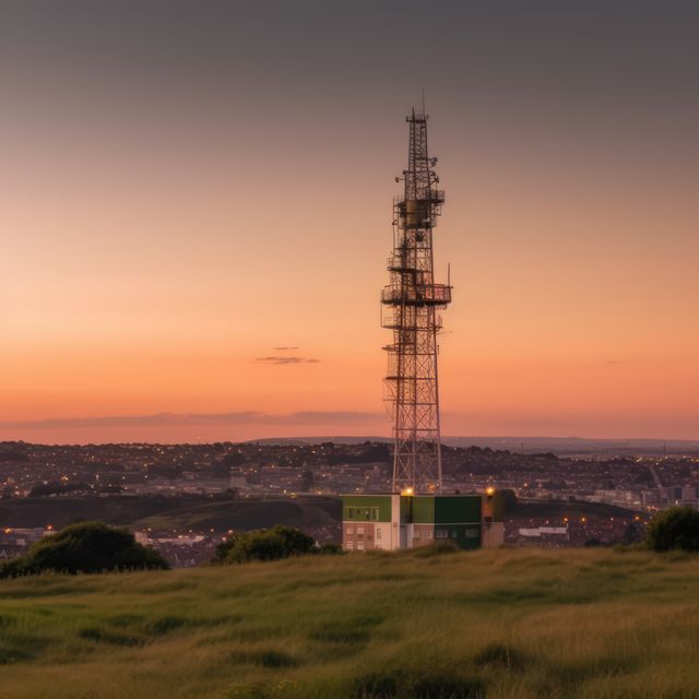 Telephone tower in countryside area outside city, copy space, created using generative ai technology. Communication, cell tower and wireless telephone technology concept digitally generated image.