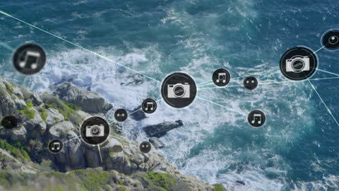 Digital Icon Network Over Ocean Coastal Landscape