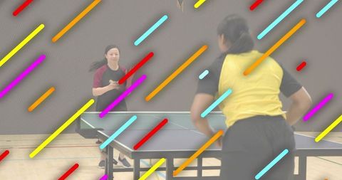 Women playing table tennis with colorful diagonal overlays conveying energy and focus