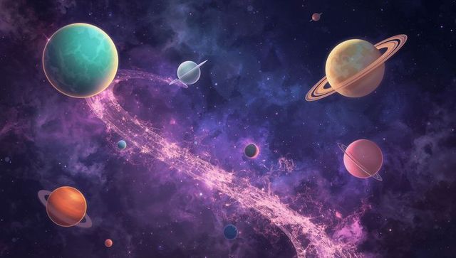 Vibrant cosmic scene with planets and ringed worlds