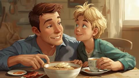 Father and Son Enjoying Breakfast Moment Together