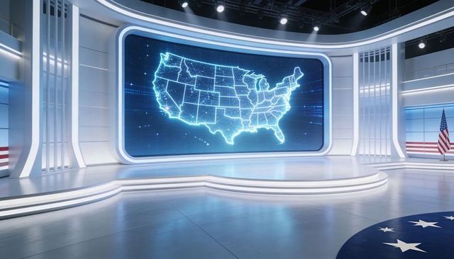 Futuristic broadcast studio displaying glowing us map on curved led wall stage, high-tech lighting