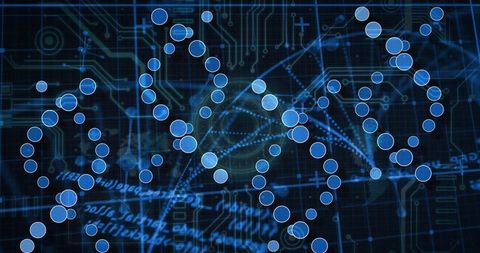 Futuristic helical design on circuit board with digital code