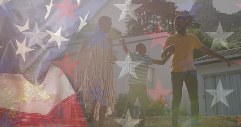 Patriotic overlay: usa flag and mixed ethnicity family outdoors