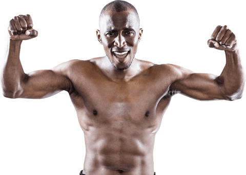Transparent athlete flexing and celebrating expression of joy