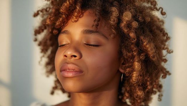 Teen closing eyes basking in warm window light with curly hair and hoop earring