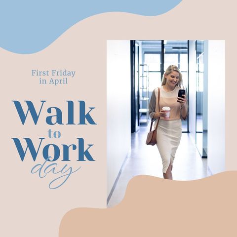 Businesswoman embracing walk to work day surrounded by modern office design