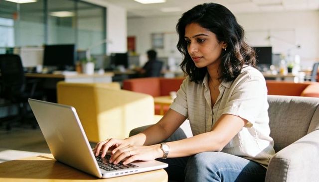 Young indian woman typing on laptop in bright office lounge for coworkorking and productivity