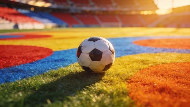 Soccer ball resting on colorful painted turf during golden hour in empty stadium
