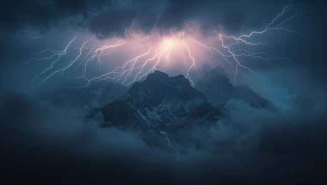 Dramatic lightning over rugged alpine peaks