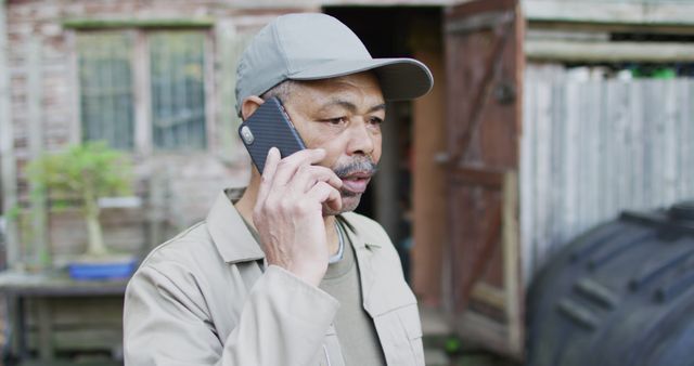 Senior man in casual attire and cap holding phone to ear, likely engaged in conversation. Background includes an old barn and outdoor setting, evoking rural life. Useful for themes on elder lifestyle, communication, or rural settings.