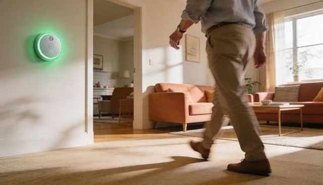 Senior man walking past smart home safety monitor with green status light in living room