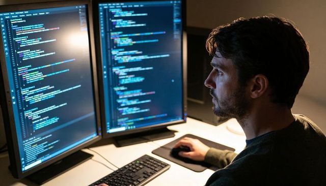 Focused software developer coding at dual-monitor workstation in dimly lit home office