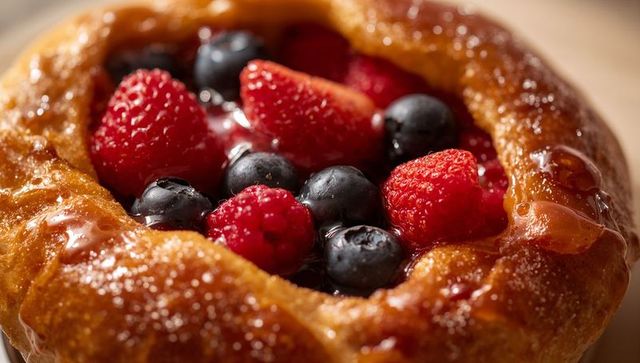 Glistening berry-topped danish pastry with sugar glaze and caramelized crust