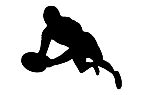Silhouette of rugby player running with ball on transparent surface