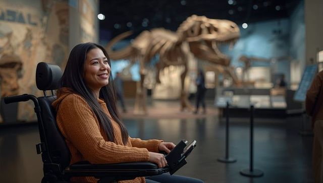 Young woman in powered wheelchair enjoying dinosaur exhibit