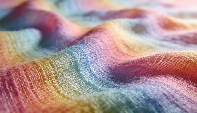 Soft gauze fabric pastel rainbow gradient open weave delicate fibers closeup macro texture