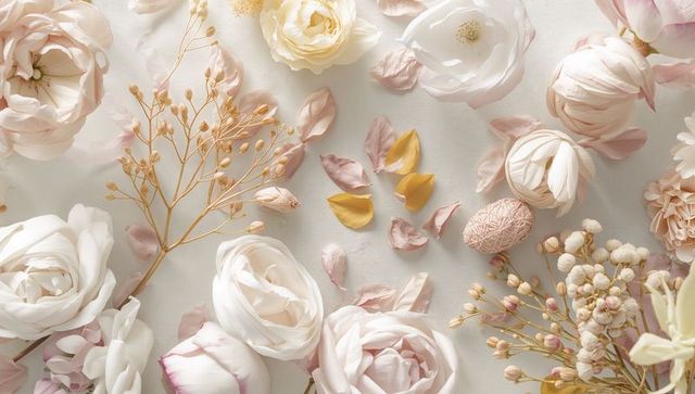 Pale blush roses and ranunculus arranging on linen flatlay with pastel petals and textured egg