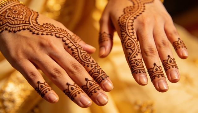 Bridal hands displaying intricate mehndi henna designs on golden ceremonial fabric