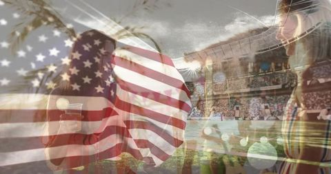 Friends tailgating and watching stadium game with american flag, summer celebration