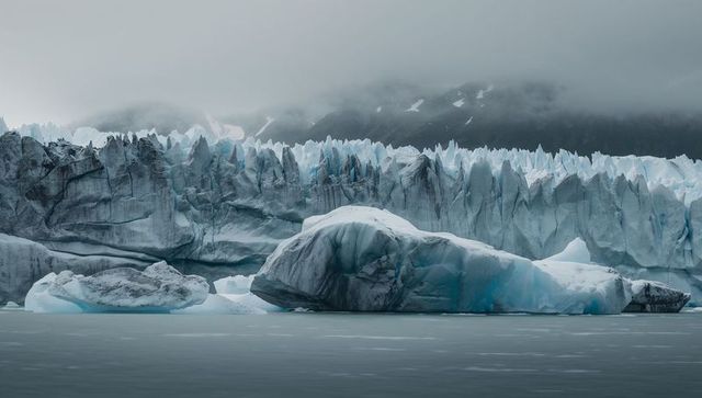Massive rounded iceberg drifting in calm fjord with towering glacier wall and mist