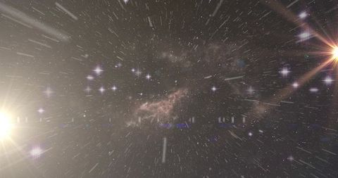 Warping through magenta nebula with radial star streaks and dual lens flares, interstellar