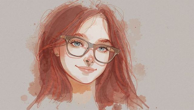 Elegant watercolor portrait of red-haired woman with glasses