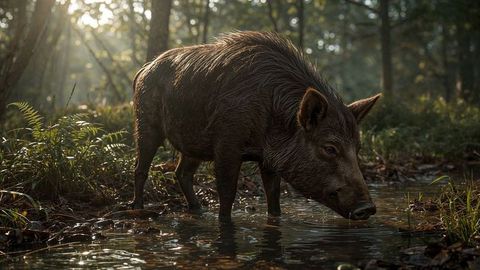 Wading wild boar in serene forest wetland during sunrise