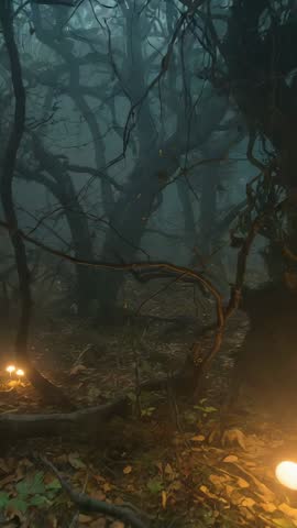Panning Through Foggy Woodland Toward Glowing Mushrooms and Gnarled Tree | Vertical Video