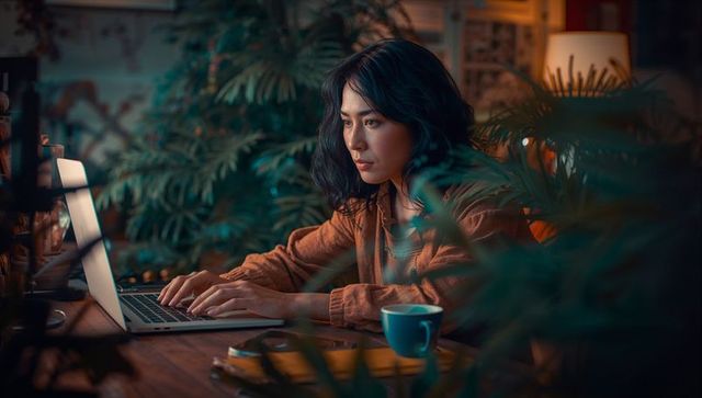 Focused creative work in cozy home office space