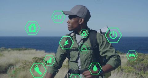 Eco-Friendly Hiker Exploring Coastal Trail with Digital Symbols
