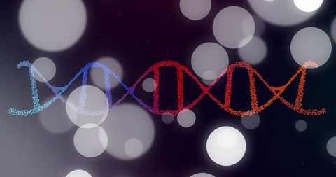 Glowing gradient dna helix shifting across dark bokeh backdrop, illustrating data and biotech