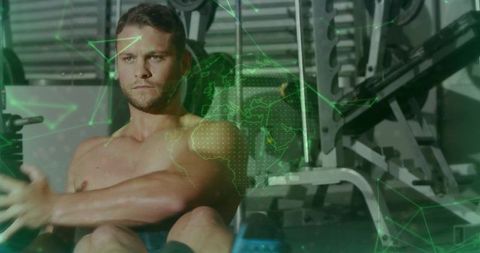 Muscular Man Perform Cable Rowing with Futuristic Data Overlay