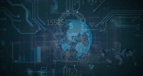 Cybersecurity Hologram of Globe and Padlock with Circuit Overlay