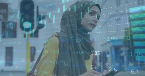 Young Woman in Hijab Analyzing Financial Data with Smartphone