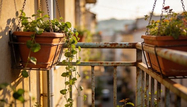 Sunlit terracotta planters with trailing vine hanging on rusty balcony railing at golden hour