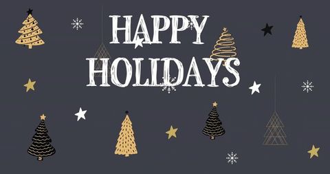 Happy Holidays Minimalist Gold and Black Card with Stylized Trees and Stars