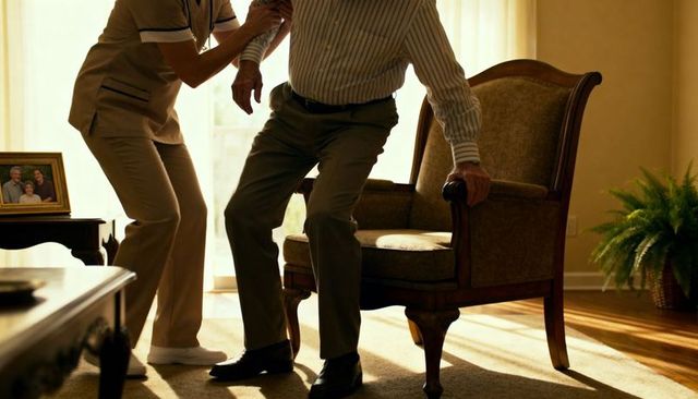 Caregiver assisting elderly man to stand from armchair in sunlit home living room
