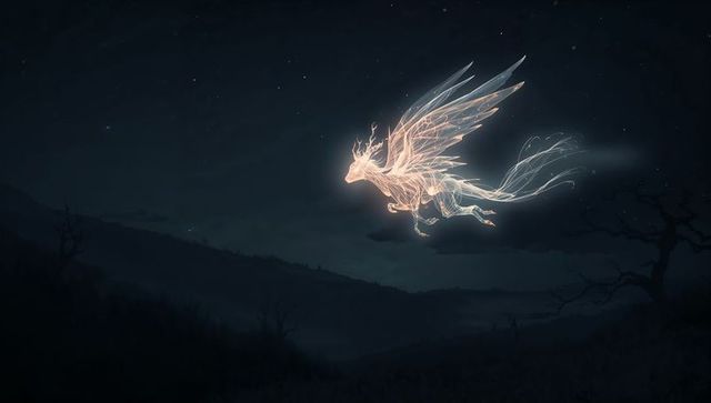 Luminous winged fox spirit gliding over misty night hills under starry sky