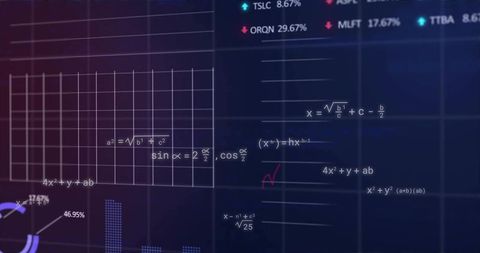 Analytics dashboard with math equations, grid overlay, data charts and progress indicators