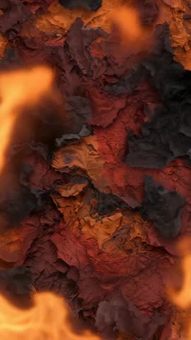 Vertical loop showing crumpled volcanic rock igniting into rising orange flames and embers