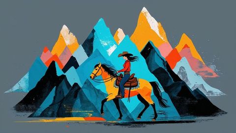 Cowgirl riding horse through colorful mountain landscape